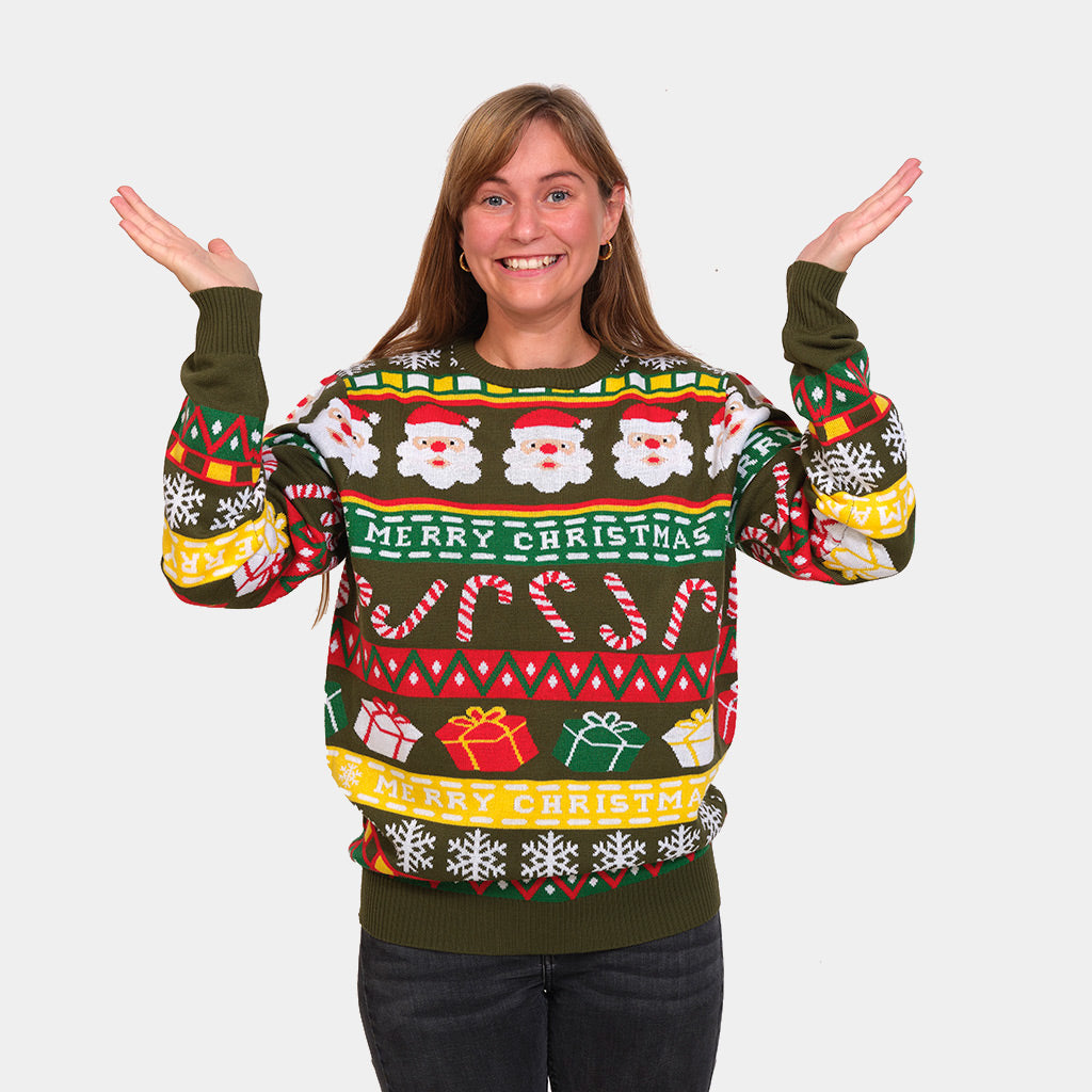 Maglione Natalizio Donna Verde con Babbo Natale e Regali
