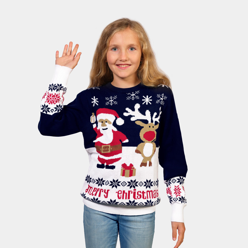 Maglione Natalizio per la Famiglia Bambini Cotone Biologico Blu Babbo Natale Renna Rudolp
