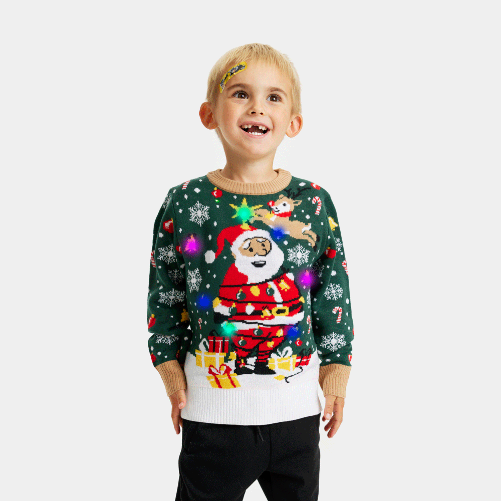 Maglione Natalizio per la Famiglia Bambini con Luci LED Babbo Natale in Confusione
