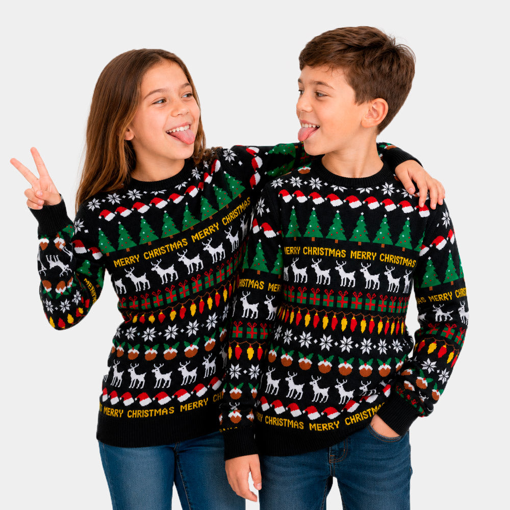 Maglione Natalizio Famiglia Bambini Nero con Alberi, Renne e Regali
