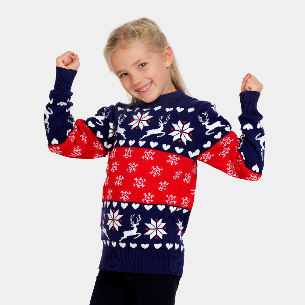 Maglione Natalizio Famiglia Bamini con Renne e Cuori Blu e Rosso