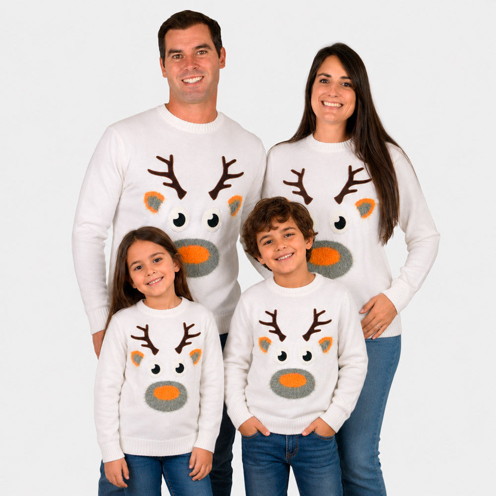 Maglione Natalizio Famiglia Bianco con Renna 3D