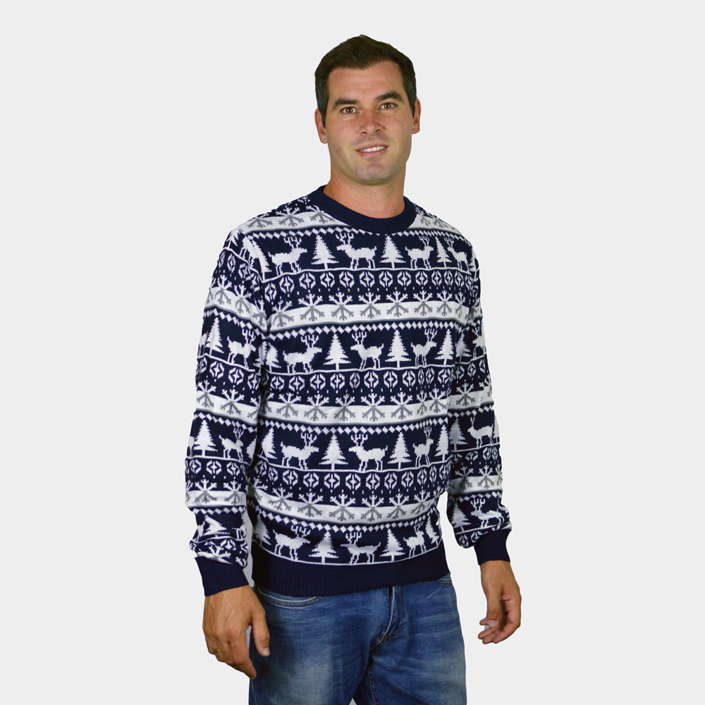 Maglione Natalizio per la Famiglia Blu Alberi di Natale e Renne uomo