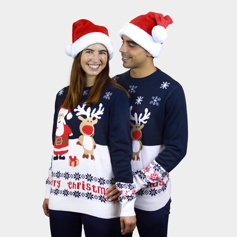 Maglione Natalizio Famiglia Coppia Blu con Babbo Natale e Renna Rudolph