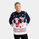 Maglione Natalizio Famiglia Uomo Blu con Babbo Natale e Renna Rudolph