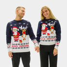 Maglione Natalizio Famiglia Blu con Babbo Natale e Renna Rudolph