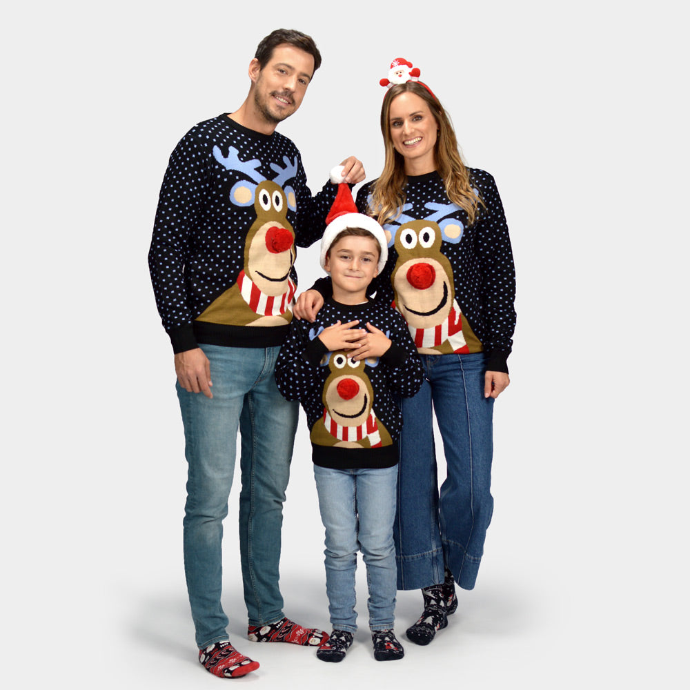 Maglione Natalizio Famiglia Blu Renna Rudolph Naso Rosso 3D
