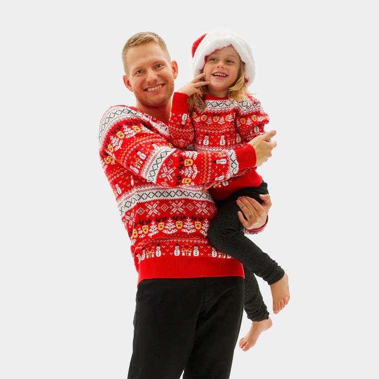 Maglione Natalizio per la Famiglia Cotone Biologico Rosso Pupazzi di Neve Motivi Natalizi