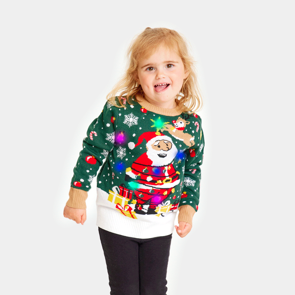 Maglione Natalizio per la Famiglia Bambini con Luci LED Babbo Natale in Confusione
