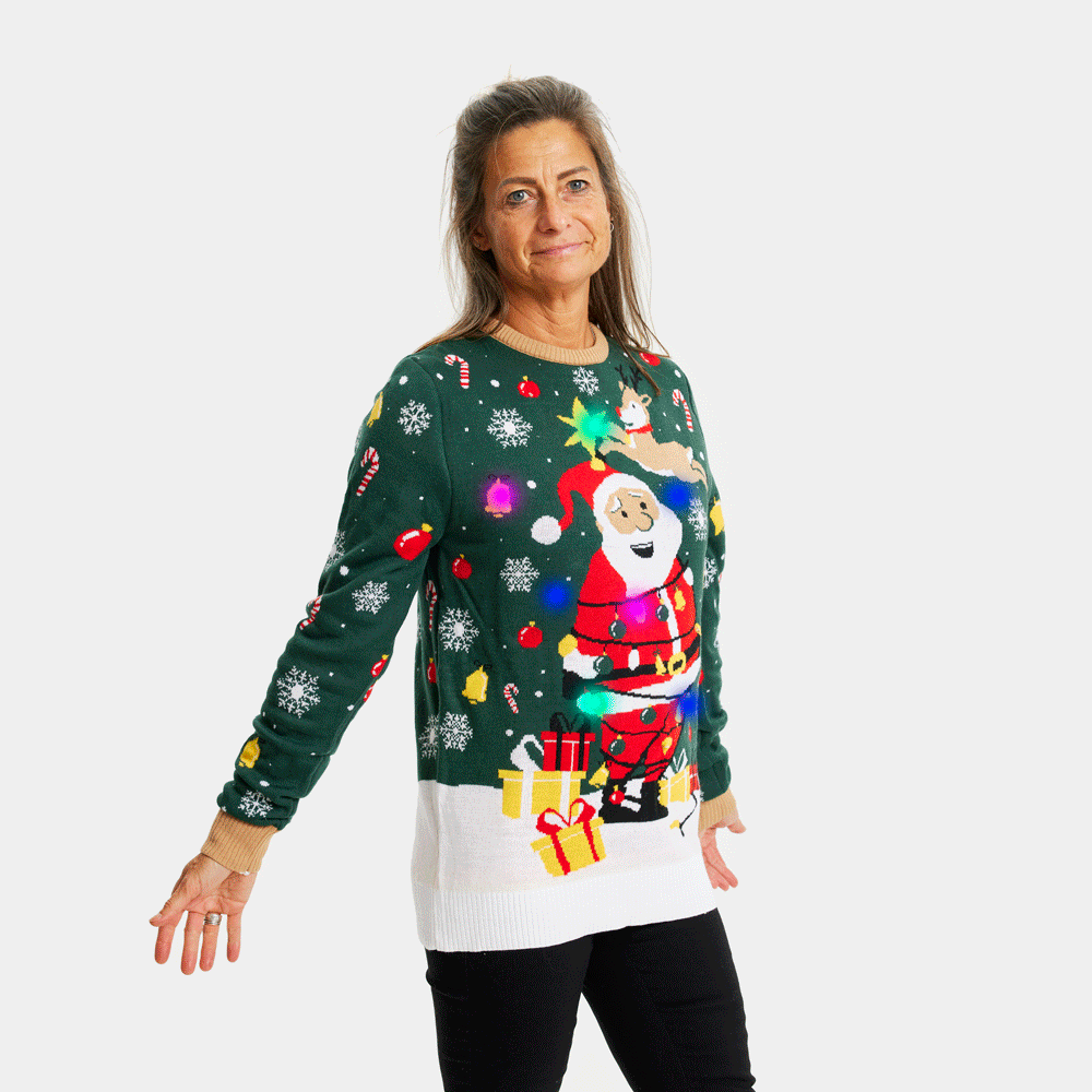 Maglione Natalizio per la Famiglia con Luci LED Babbo Natale in Confusione Donna
