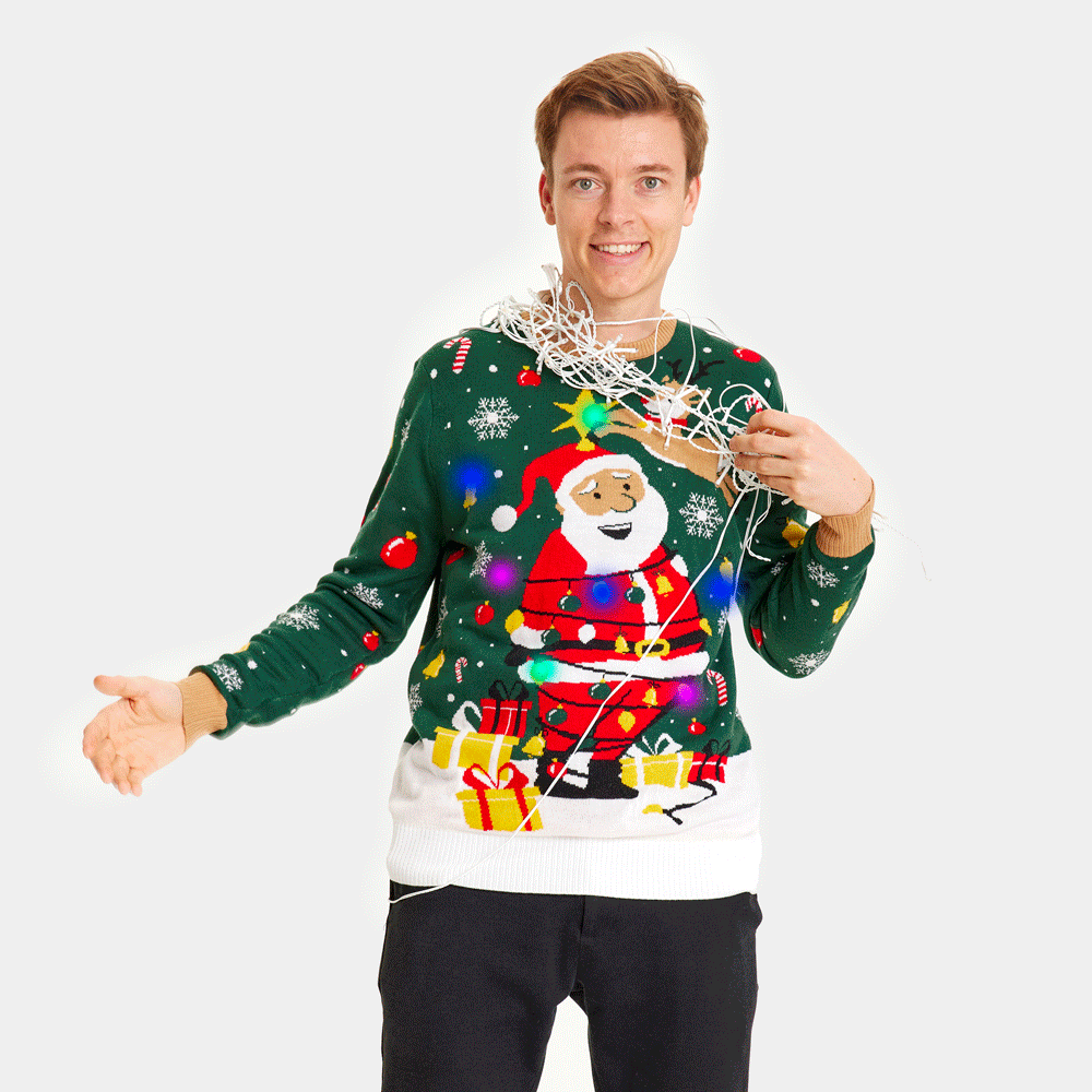 Maglione Natalizio per la Famiglia Uomo con Luci LED Babbo Natale in Confusione