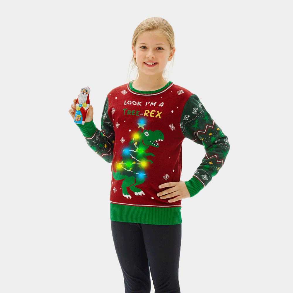 Maglione Natalizio per la Famiglia Bambini con Luci LED Christmas Tree-Rex