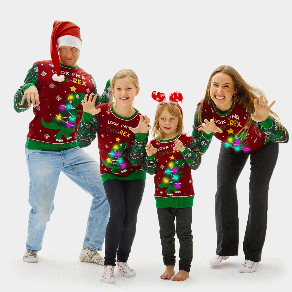 Maglione Natalizio per la Famiglia con Luci LED Christmas Tree-Rex