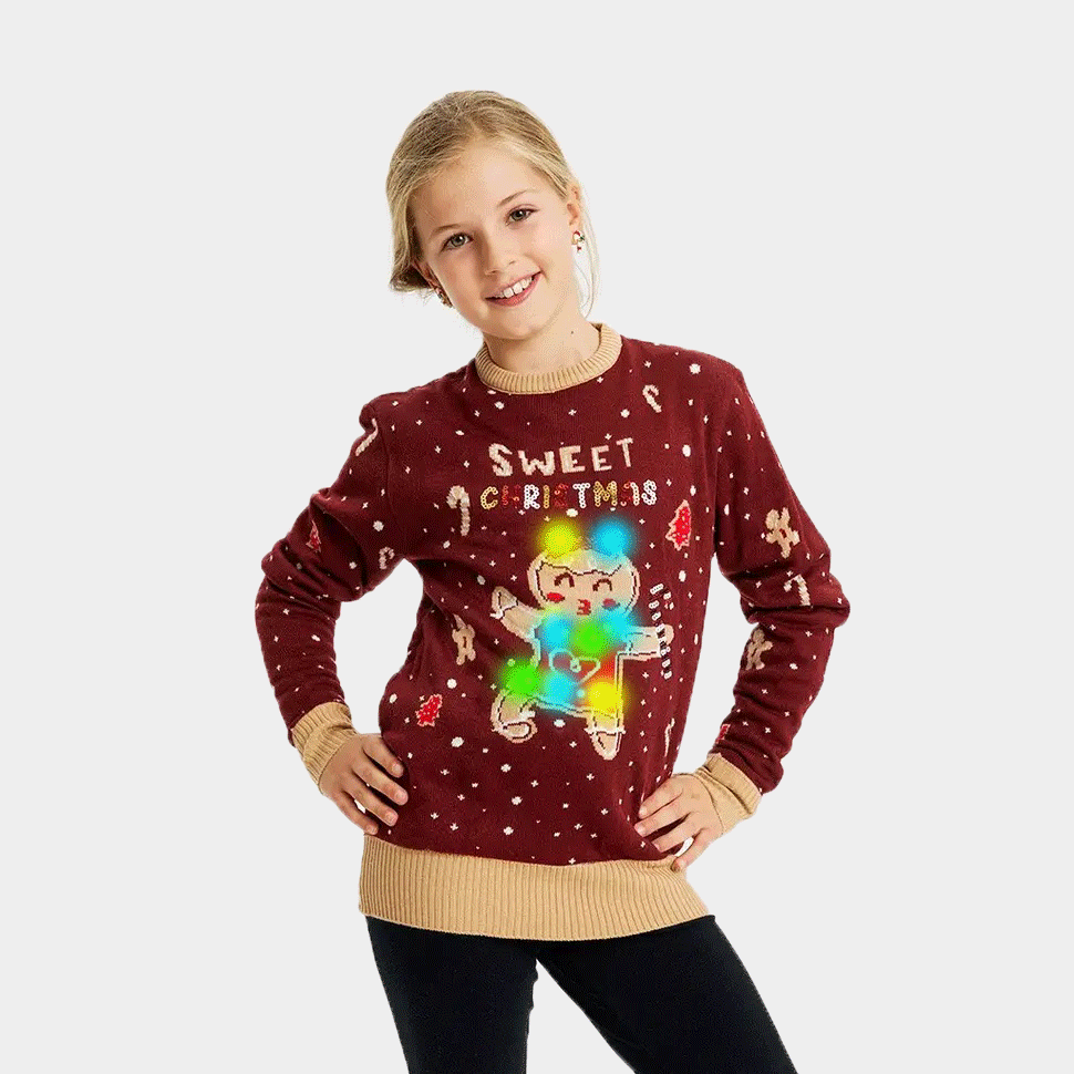 Maglione Natalizio Famiglia Bambini con Luci LED Rosso Ginger Cookie