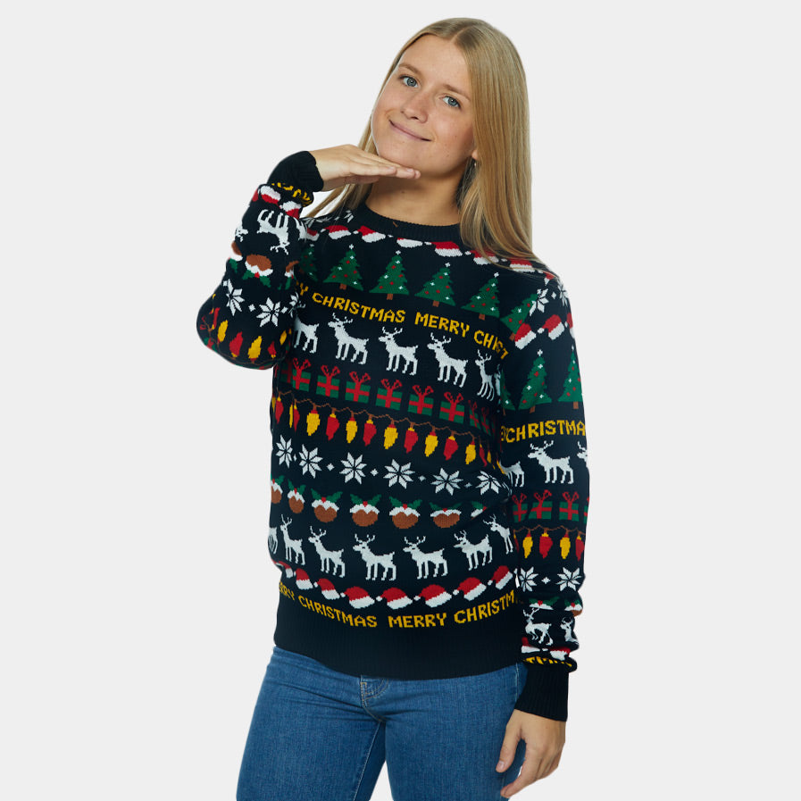 Maglione Natalizio Famiglia Donna Nero con Alberi, Renne e Regali