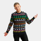 Maglione Natalizio Famiglia Uomo Nero con Alberi, Renne e Regali
