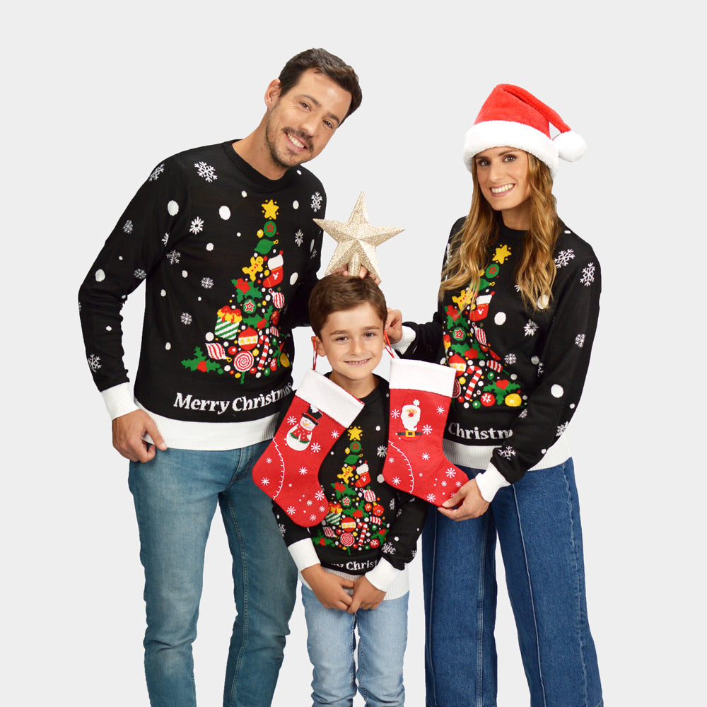 Maglione Natalizio Famiglia Nero con Albero Natalizio

