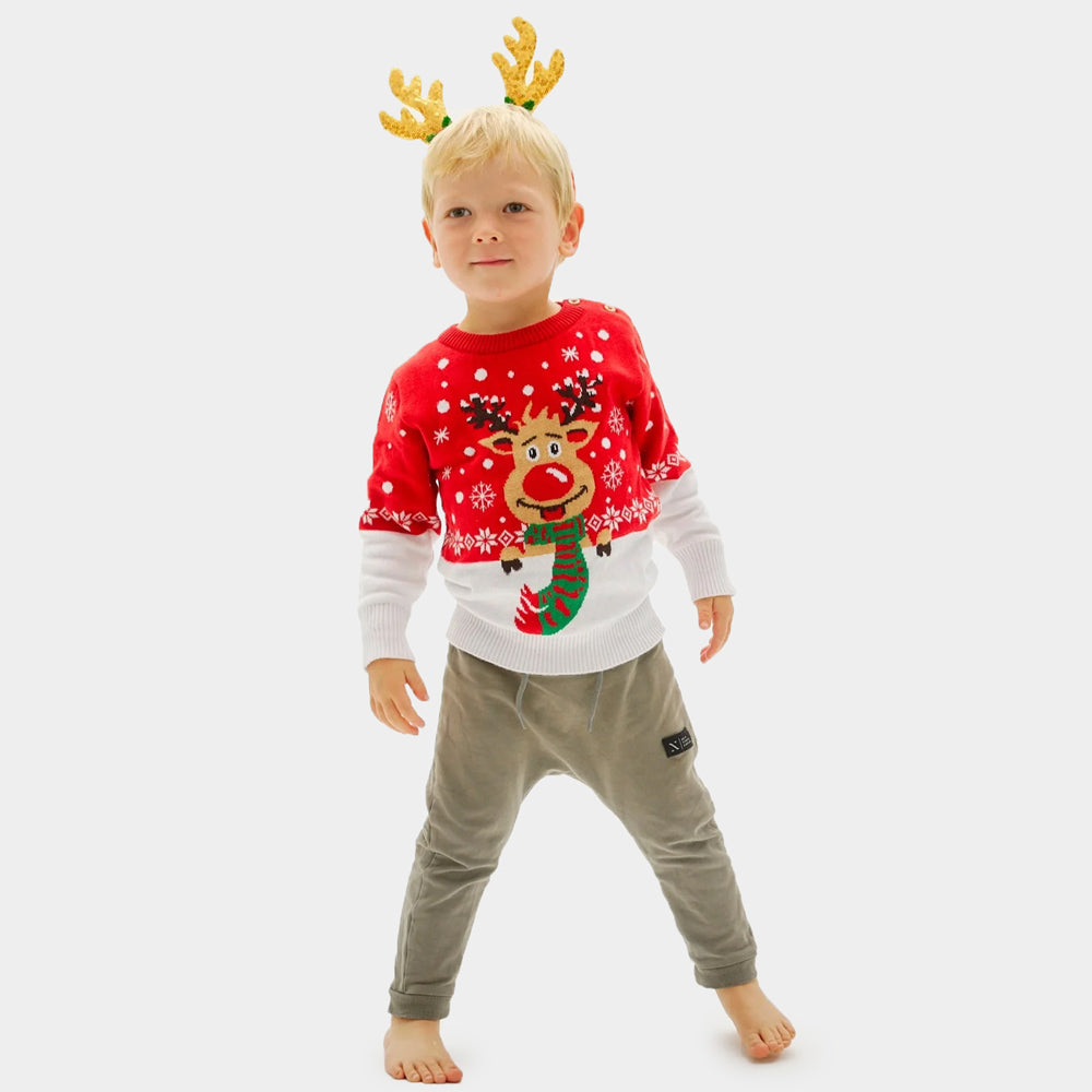 Maglione Natalizio Bambini per la Famiglia con Renna con Sciarpa