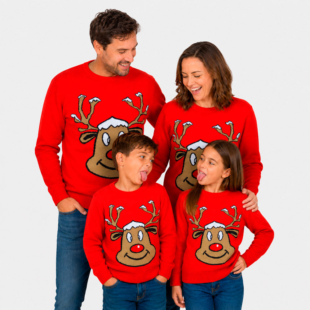 Maglione Natalizio Renna Sorridente Rosso Famiglia
