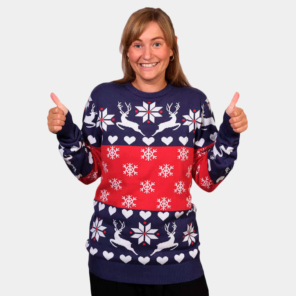 Maglione Natalizio Famiglia Donna con Renne e Cuori Blu e Rosso