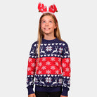 Maglione Natalizio Famiglia con Renne e Cuori Blu e Rosso
