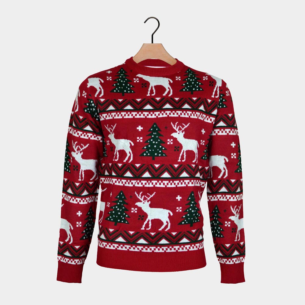 Maglione Natalizio Famiglia Rosso Alberi di Natale e Renne