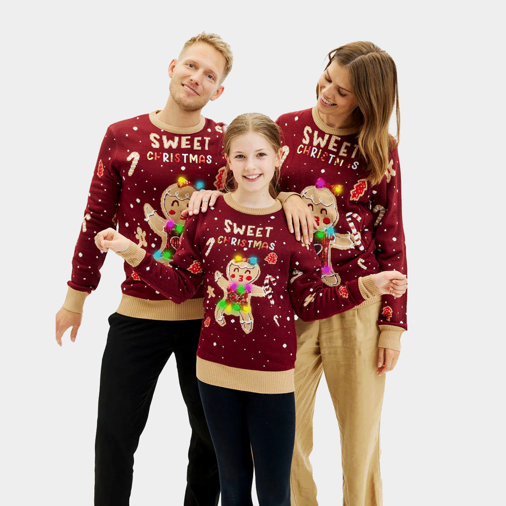 Maglione Natalizio Famiglia Uomo con Luci LED Rosso Ginger Cookie