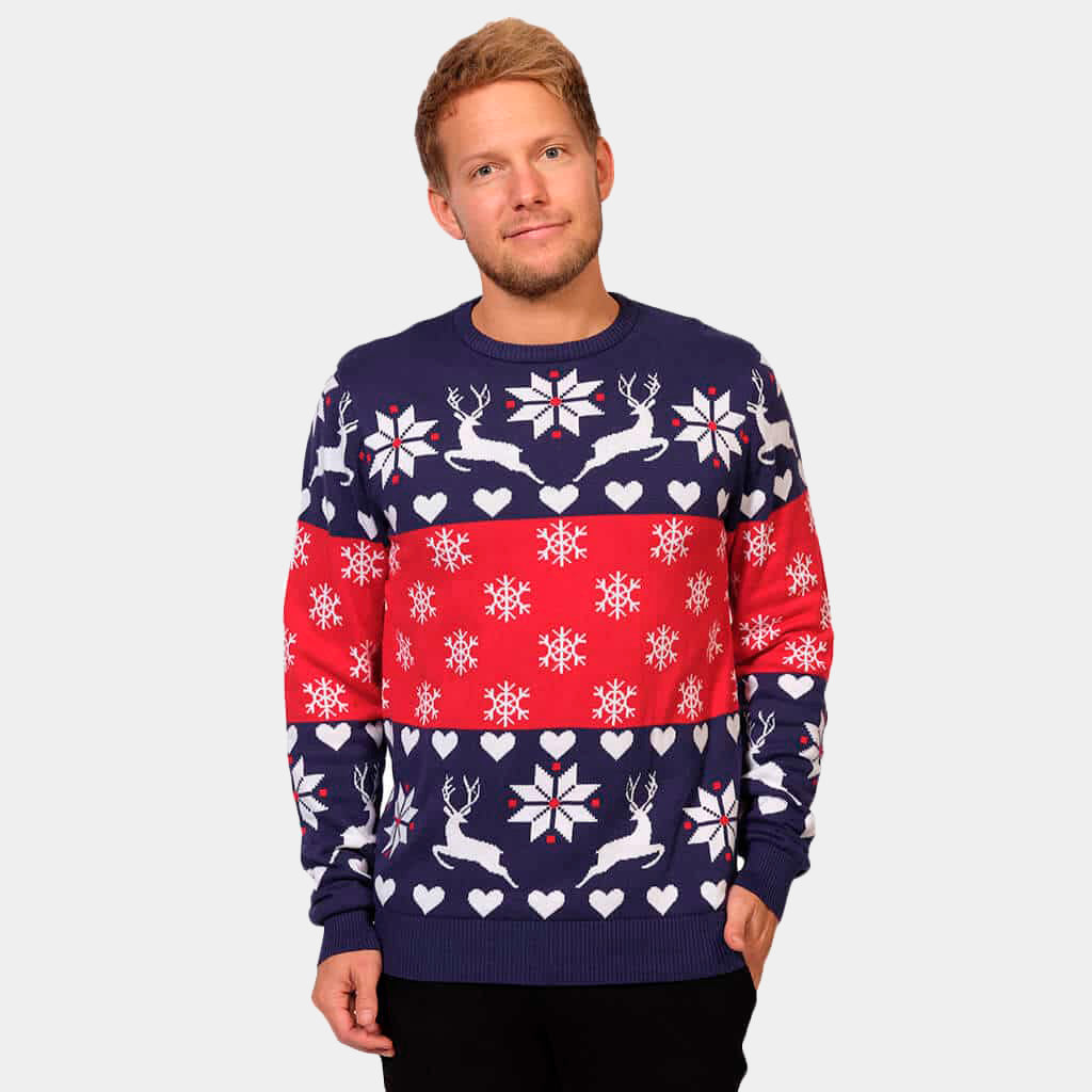 Maglione Natalizio Famiglia Uomo con Renne e Cuori Blu e Rosso