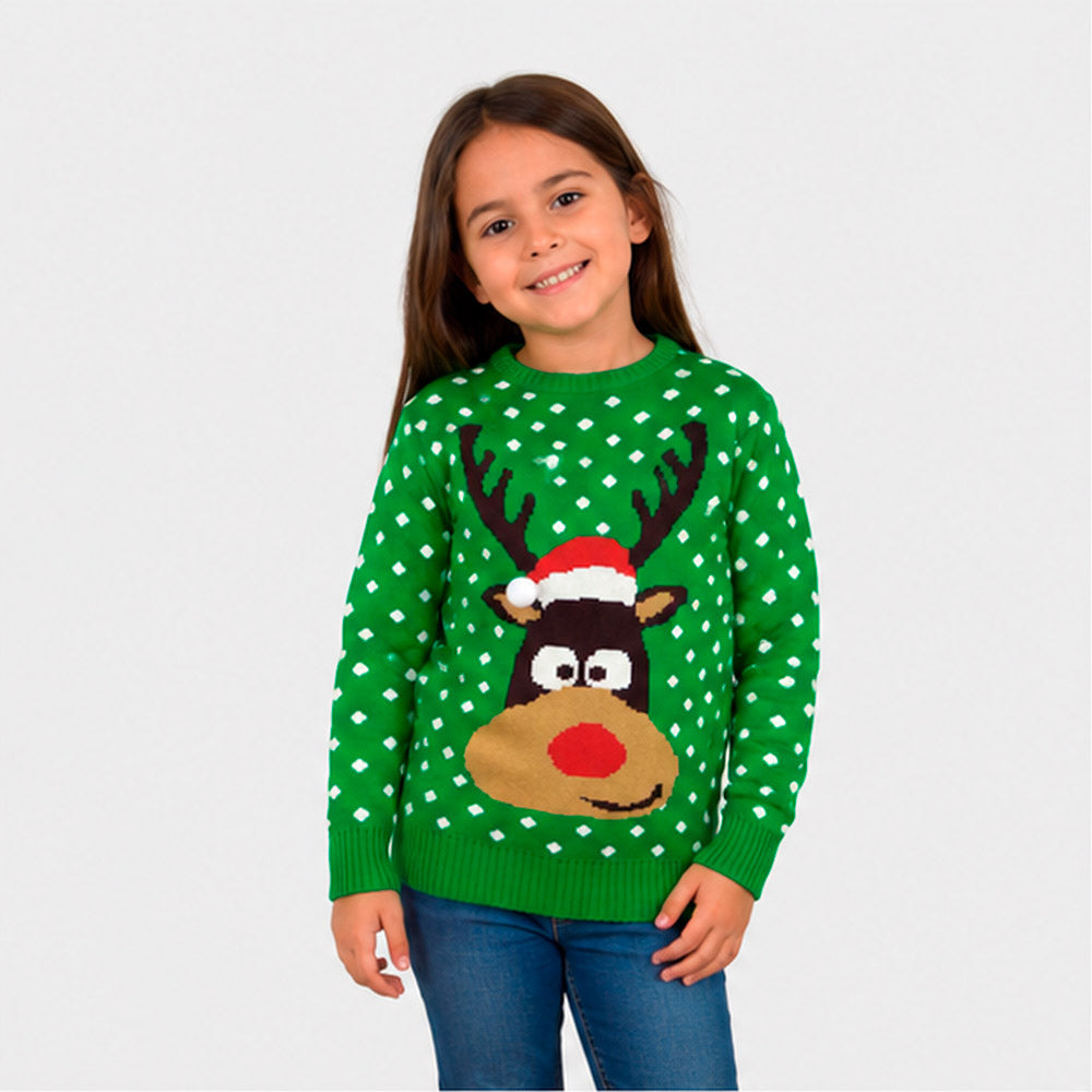 Maglione Natalizio per Famiglia Verde Renna con Cappello in 3D Bambina

