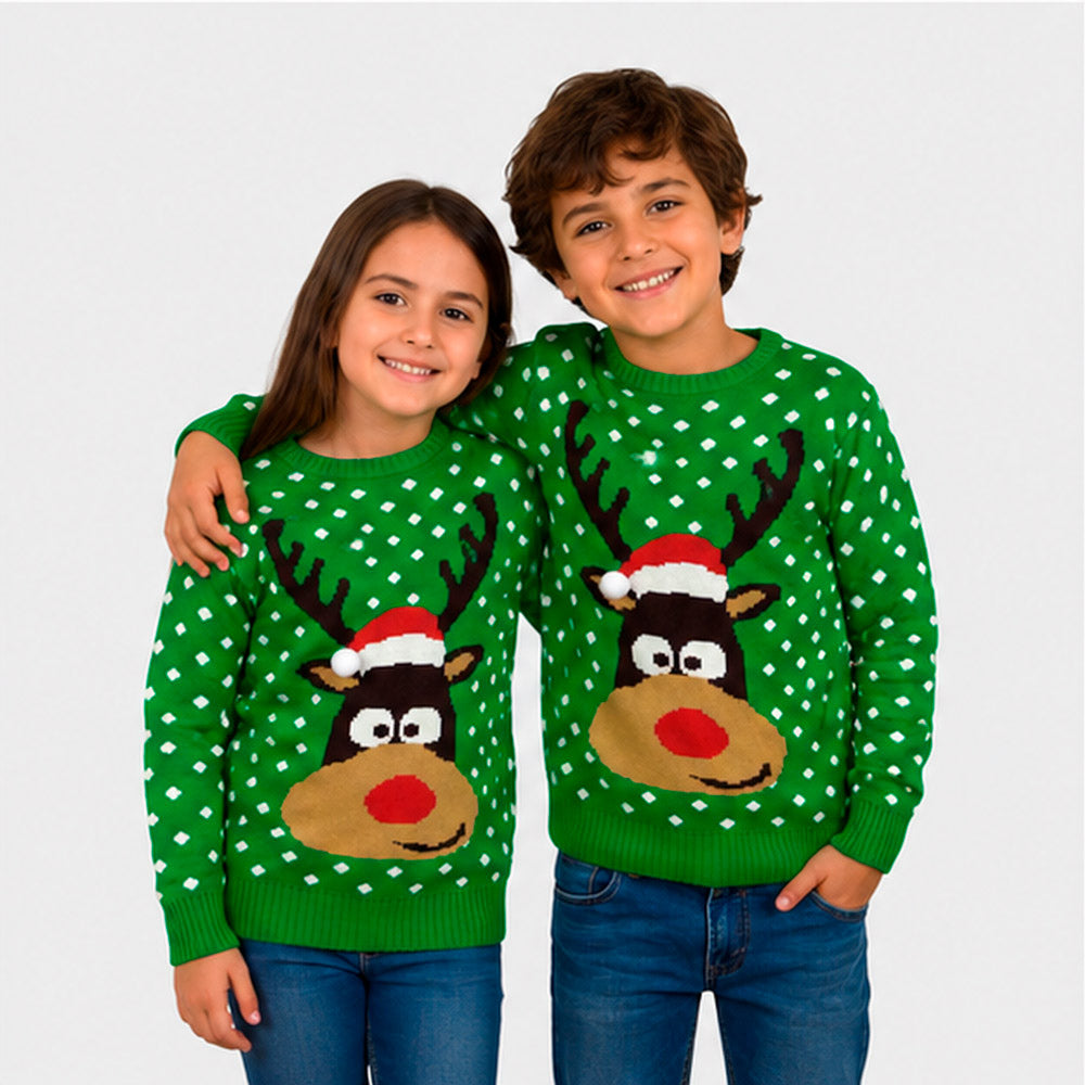 Maglione Natalizio per la Famiglia Verde Renna con Cappello in 3D bambini