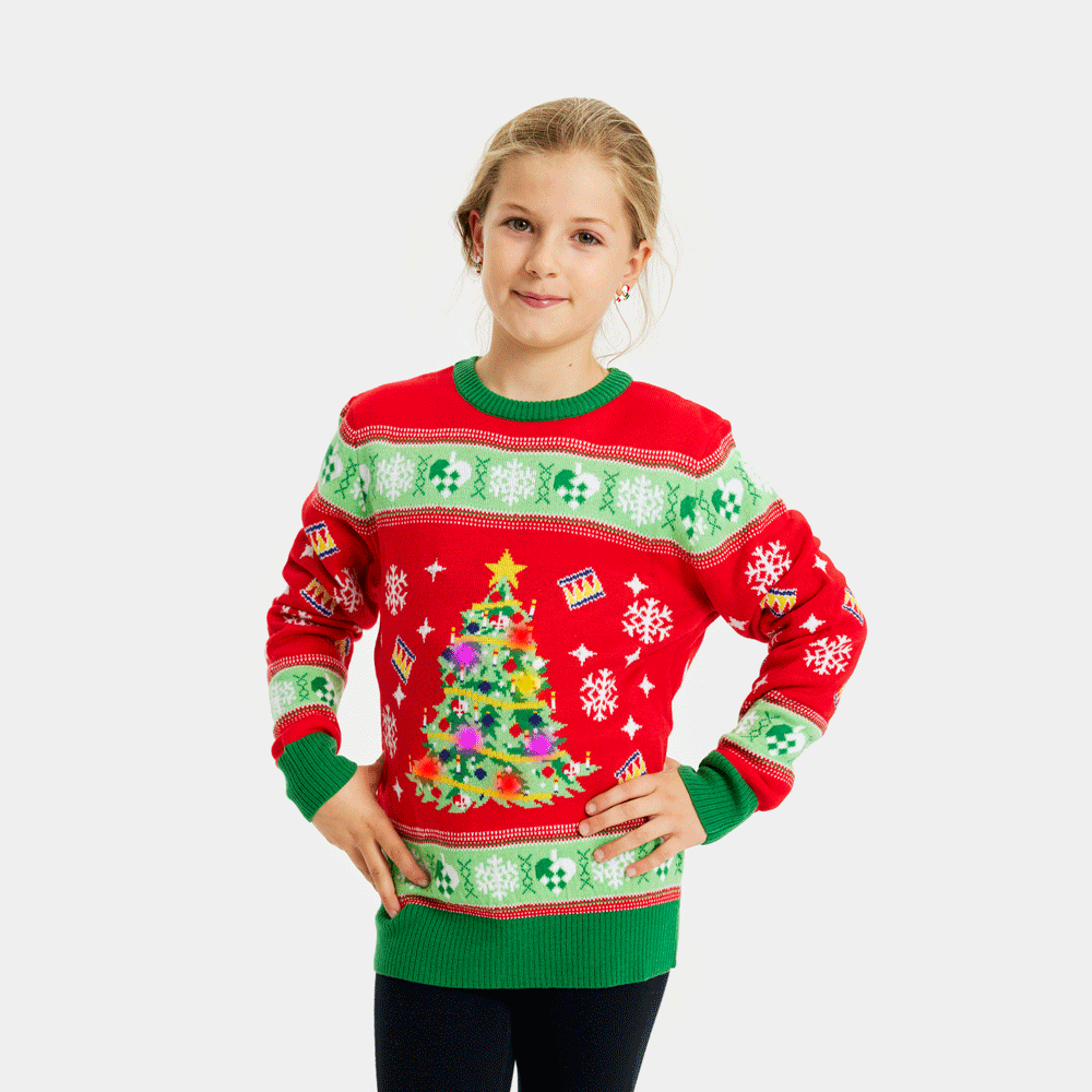 Maglione Natalizio con Luci LED per Bambini Rosso con Albero di Natale
