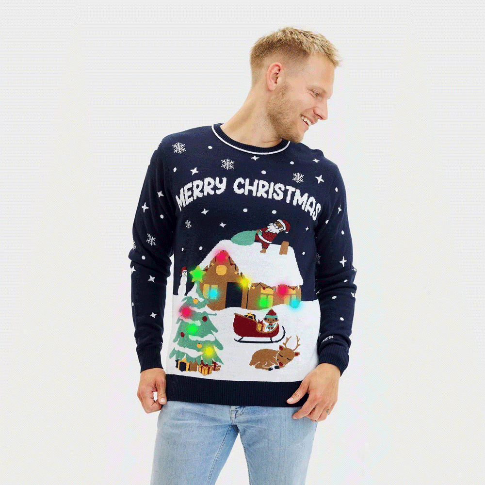 Maglione Natalizio Uomo Luci LED Blu Merry Christmas