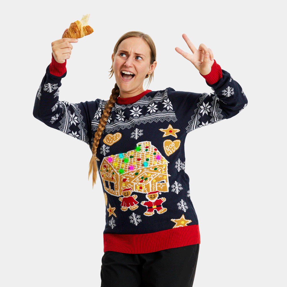 Maglione Natalizio con Luci LED Casa di Pan di Zenzero da Donna