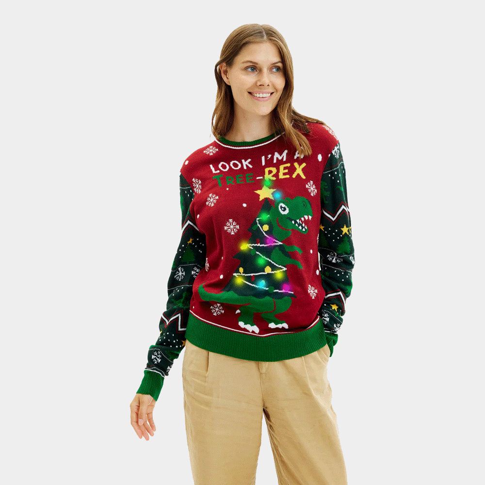 Maglione Natalizio con Luci LED Christmas Tree-Rex da Donna 