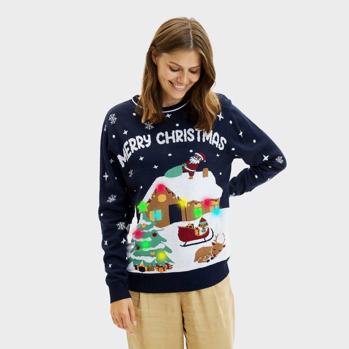 Maglione Natalizio Donna  Luci LED Blu Merry Christmas