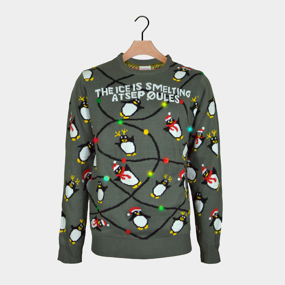 Maglione Natalizio con Luci LED Grigio con Pinguini