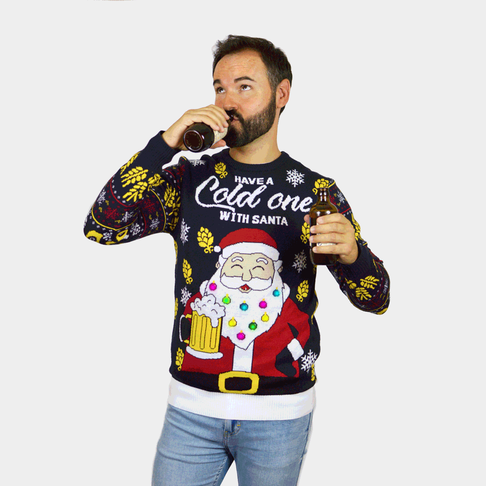 Maglione Natalizio con Luci LED da Uomo Babbo Natale con Birra