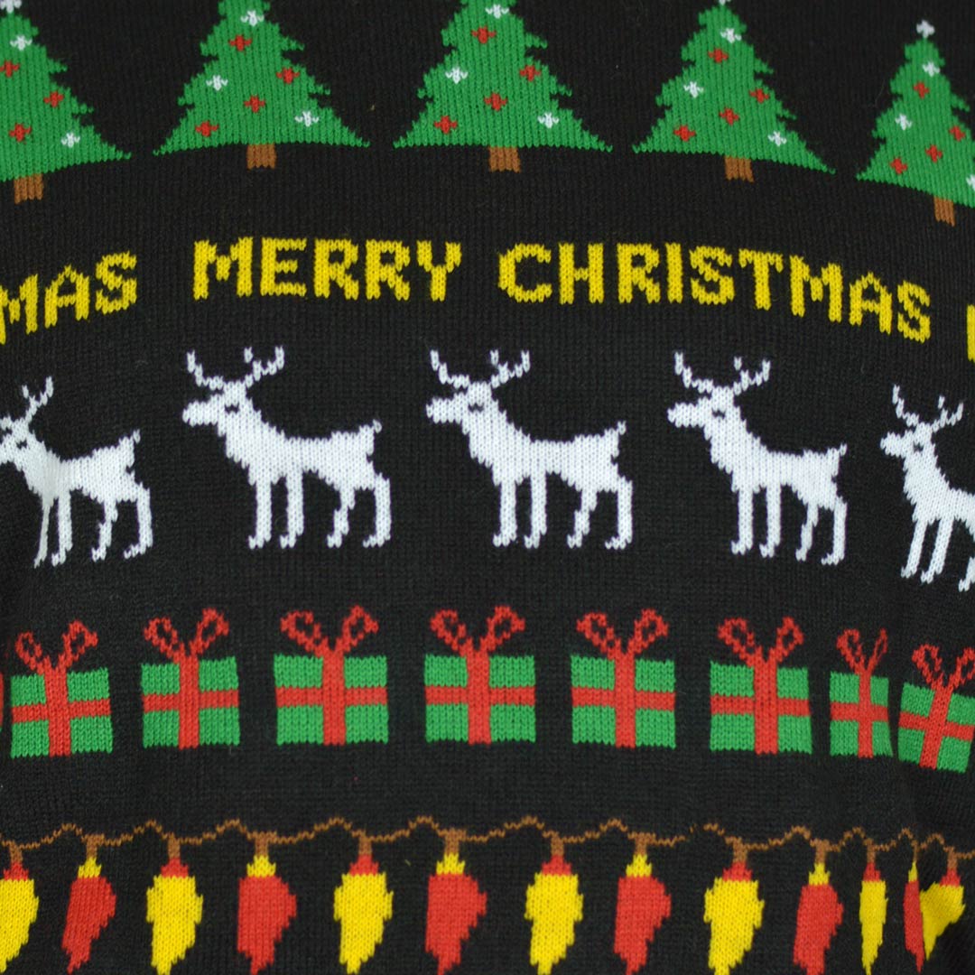 Maglione Natalizio Nero con Alberi,  Regali Renne 