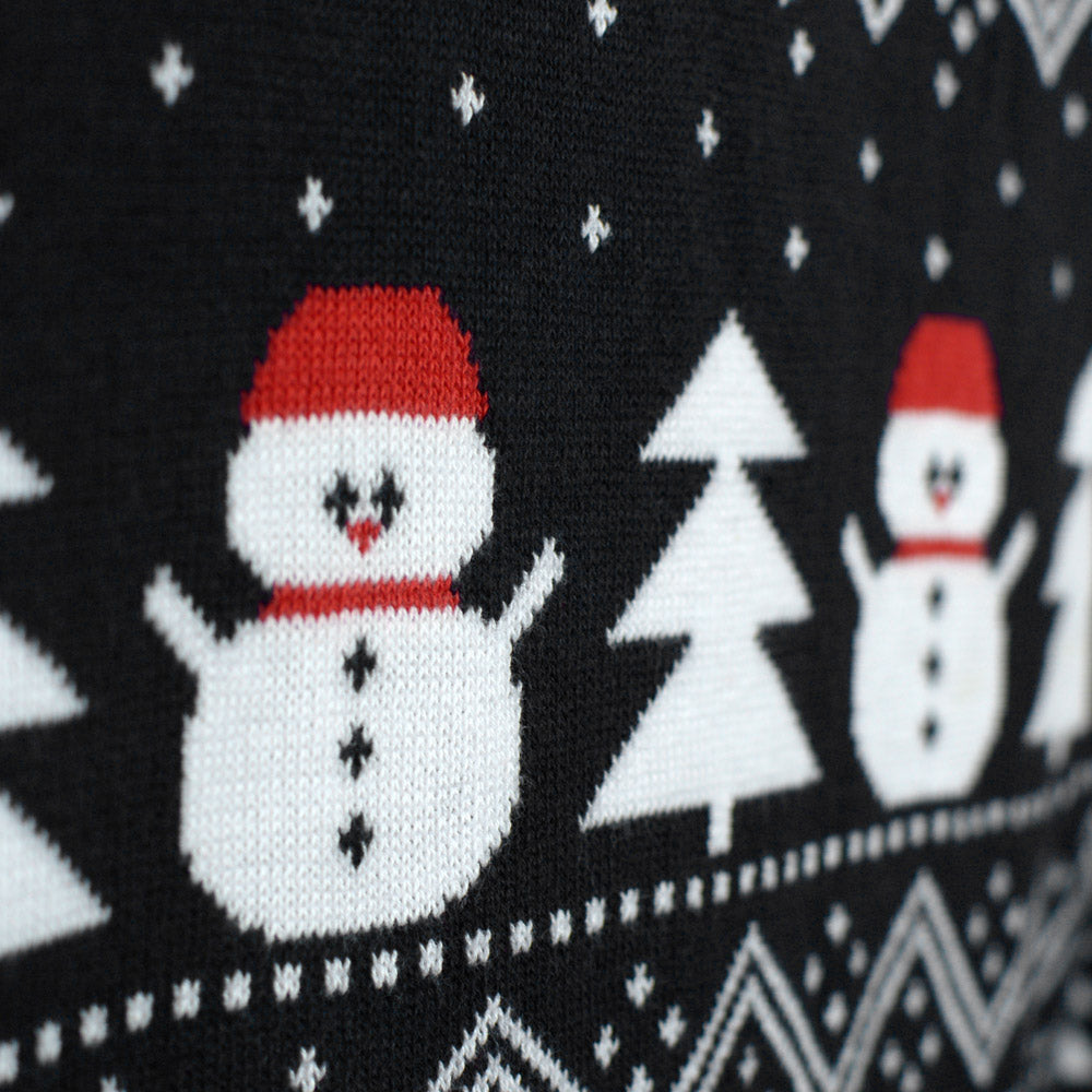 Maglione Natalizio Nero Pupazzi di Neve e Babbo Natale Alberi
