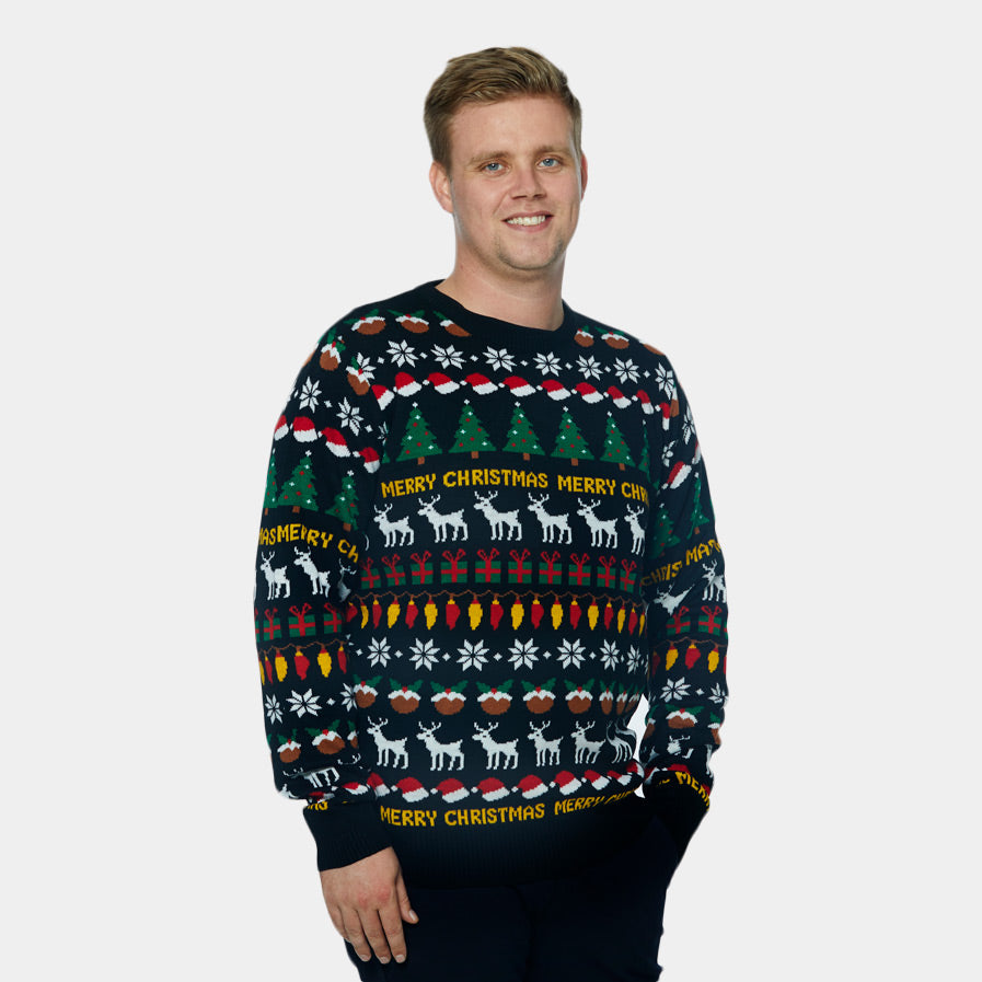 Maglione Natalizio Uomo Nero Alberi, Renne e Regali