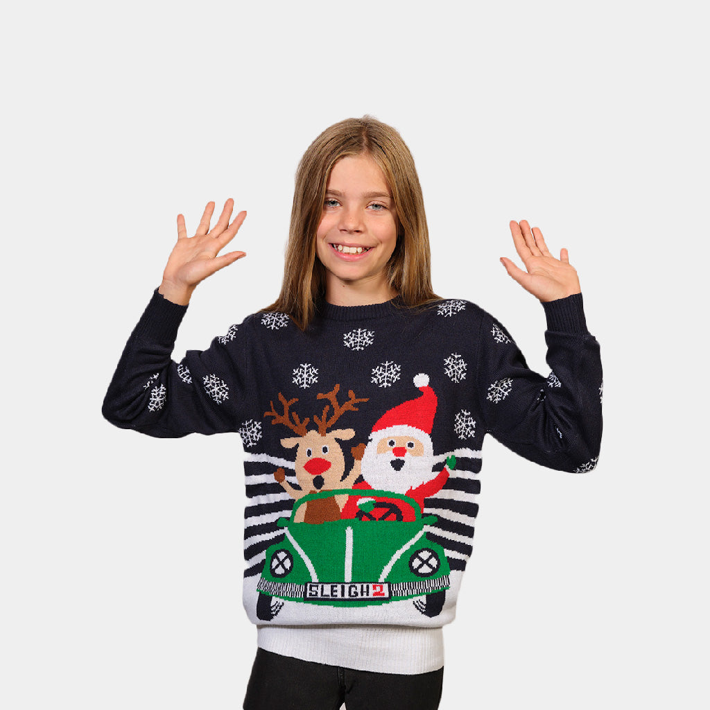 Maglione Natalizio Bambini con Renna e Babbo Natale alla guida
