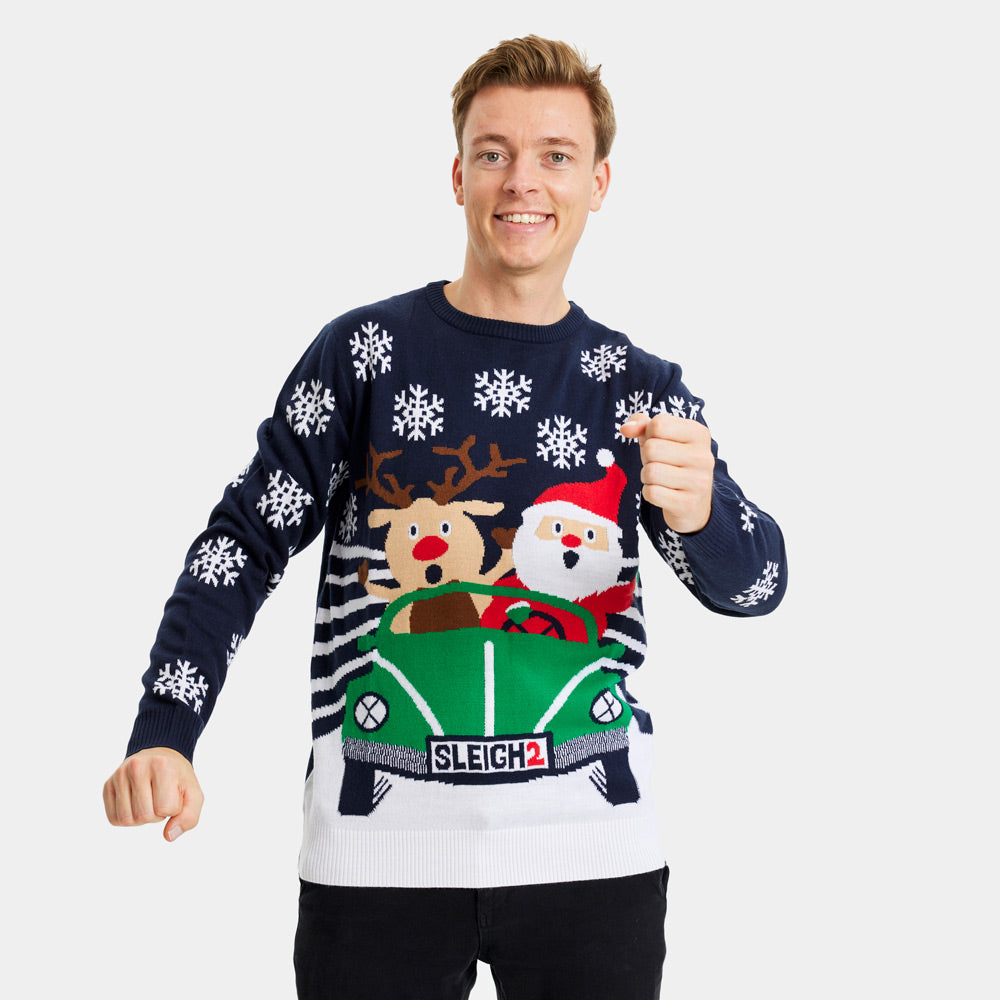 Maglione Natalizio Uomo con Renna e Babbo Natale alla guida
