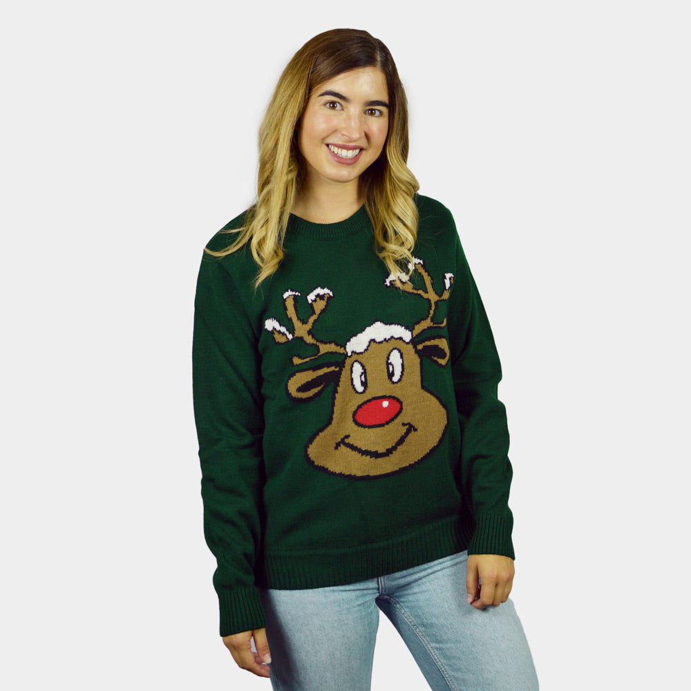 Maglione Natalizio Renna Sorridente Verde Donna

