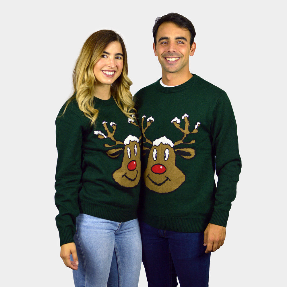 Maglione Natalizio Renna Sorridente Verde Famiglia
