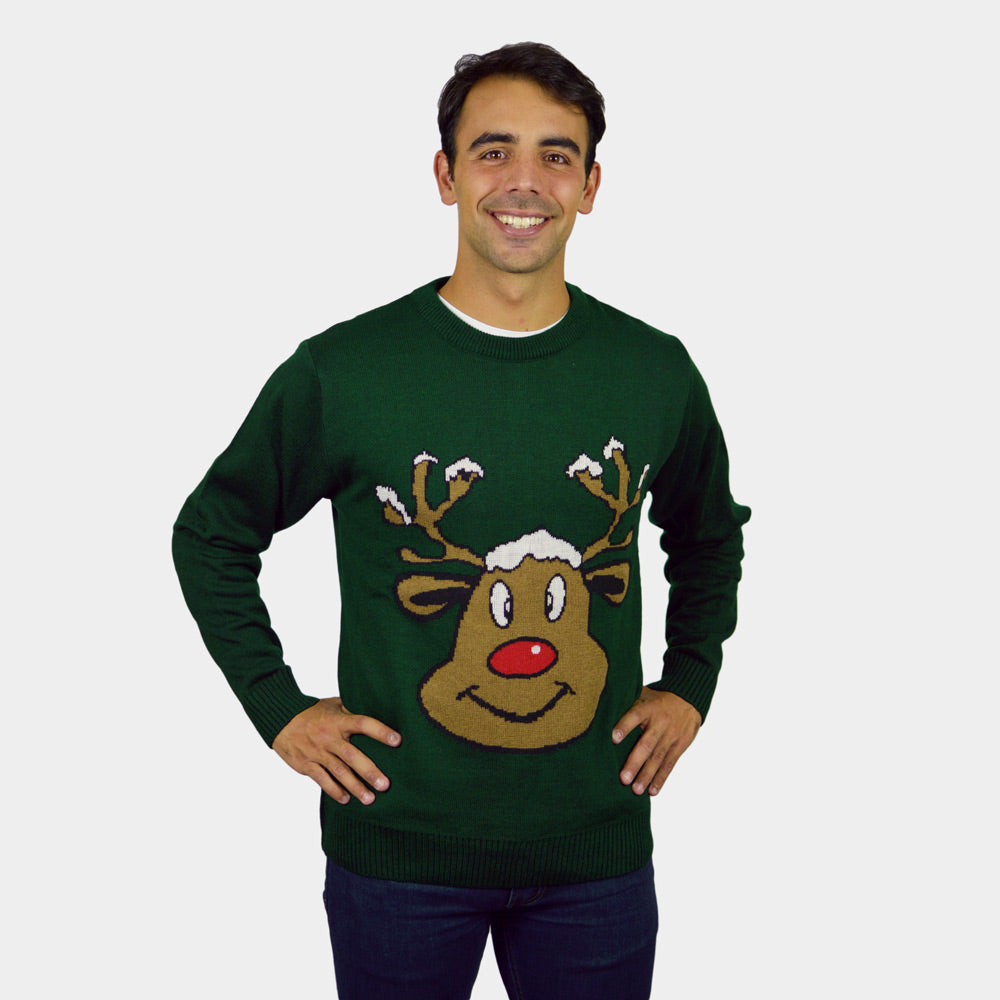 Maglione Natalizio Renna Sorridente Verde Uomo
