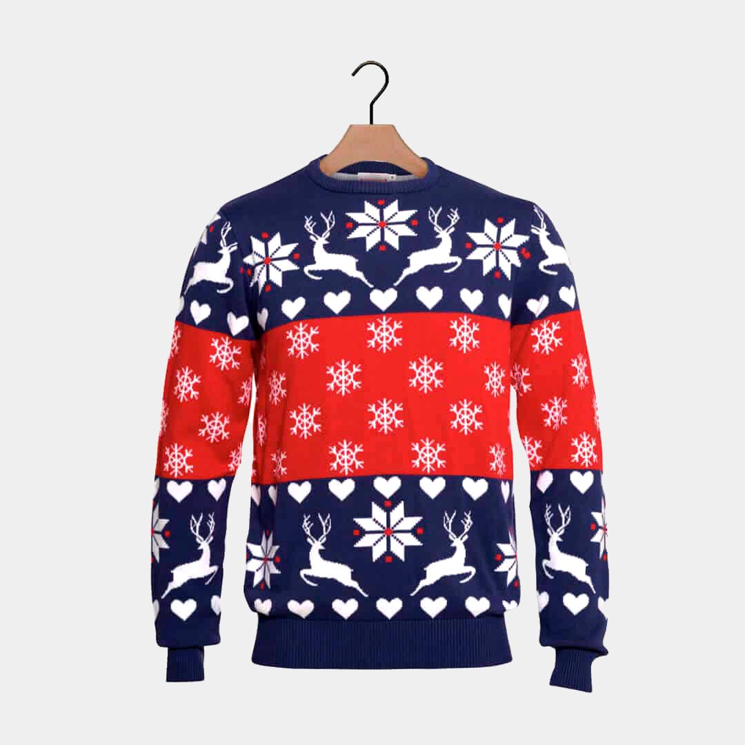 Maglione Natalizio con Renne e Cuori Blu e Rosso