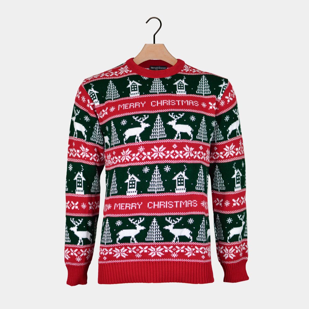 Maglione Natalizio a Righe Verdi e Rosse Merry Christmas
