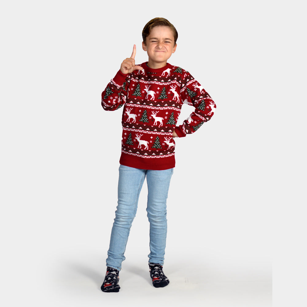 Maglione Natalizio Bambini Rosso Alberi di Natale e Renne

