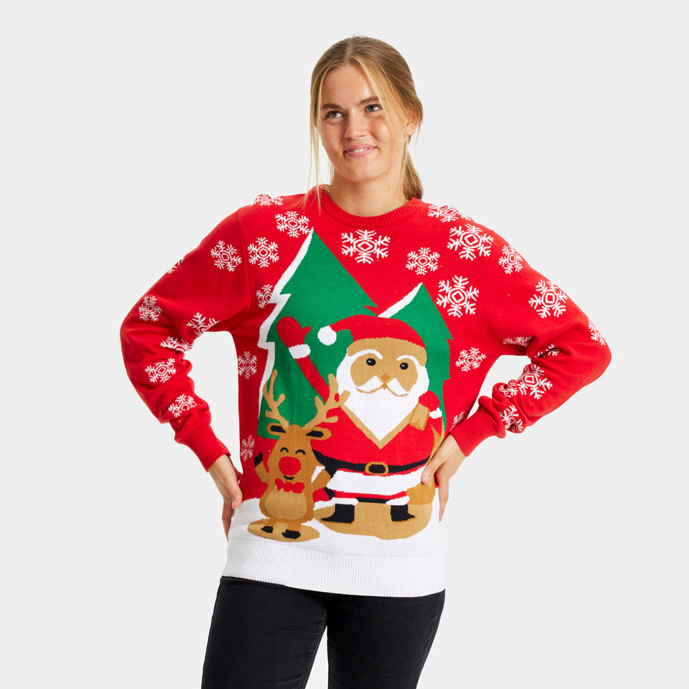 Maglione Natalizio Donna Rosso Babbo Natale e Renna che Salutano