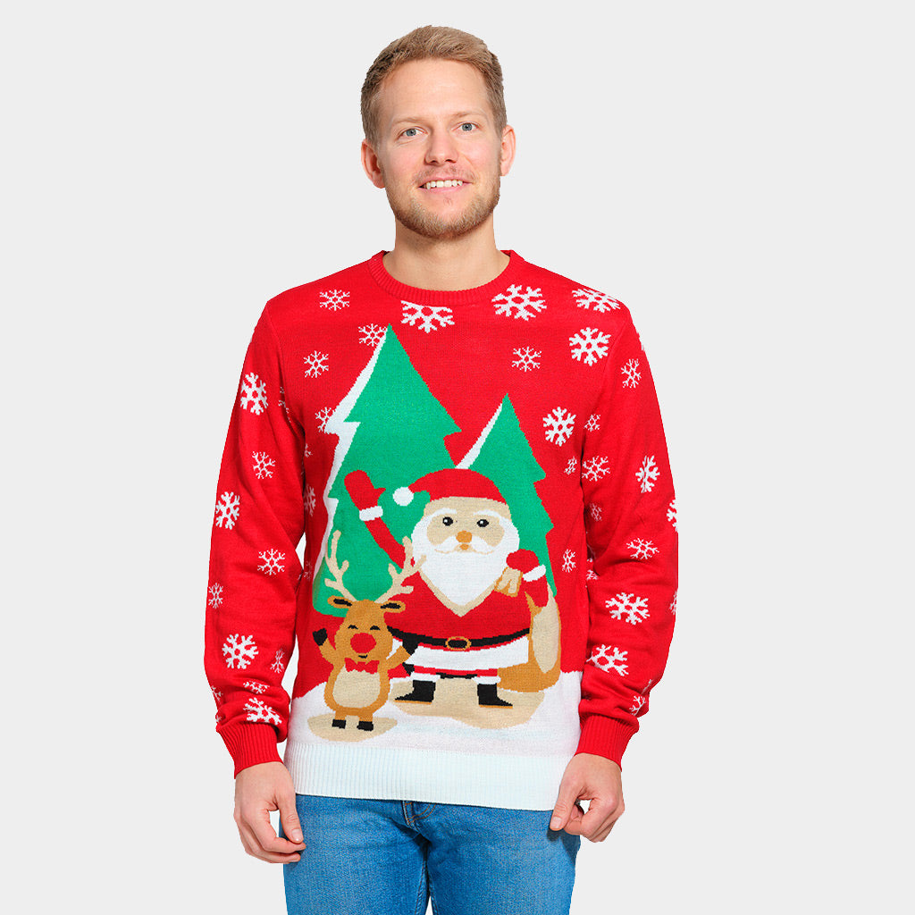 Maglione Natalizio Rosso con Babbo Natale e Renna che Salutano da Uomo 